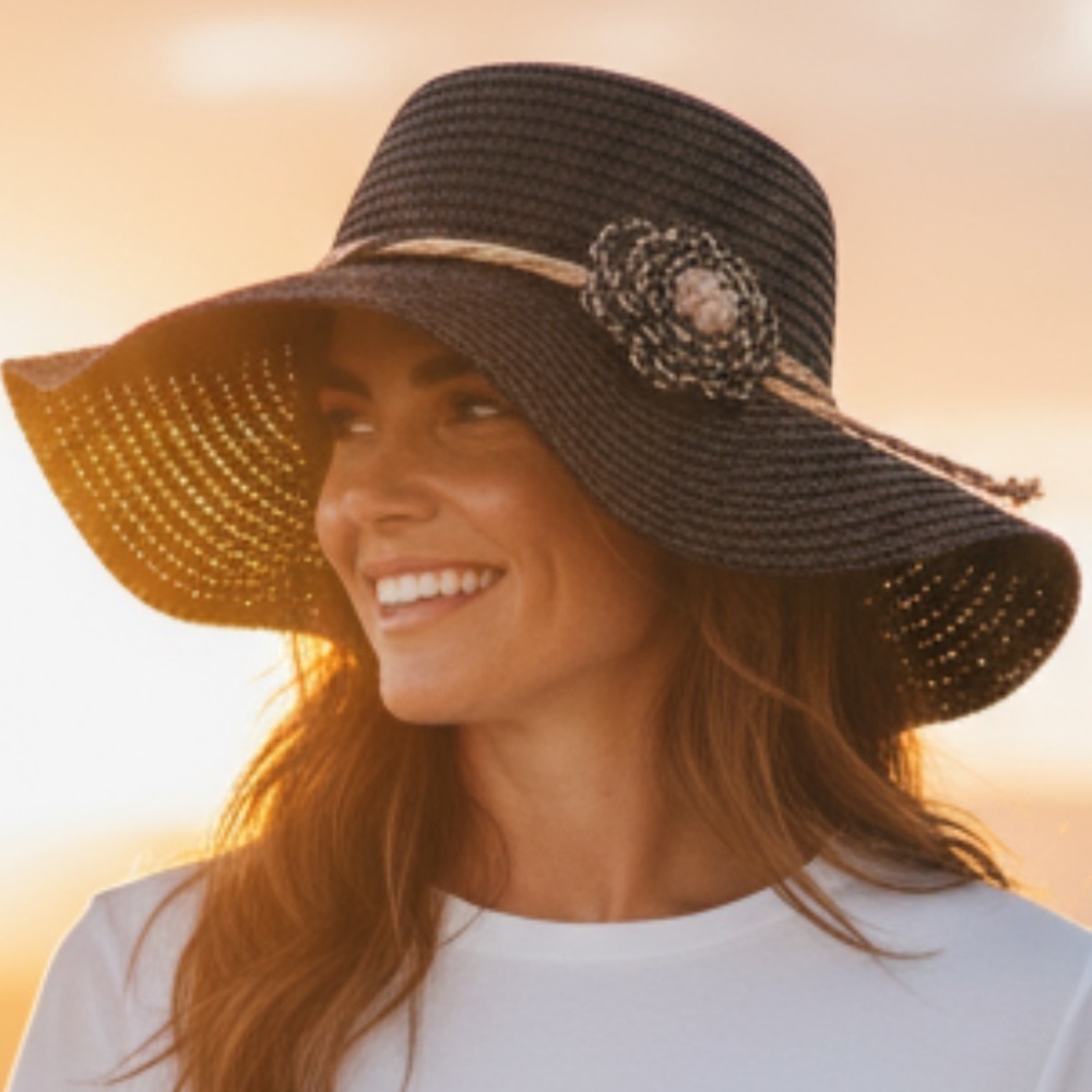 Ladies, floppy, black and brown hat with floral design one size excellent cond